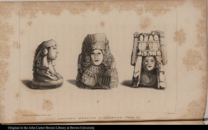 View of three Mexican sculptures of an Aztec god and two goddesses, 1) Chalchiuhtlicue, 2) Quetzalcoatl, and 3) Chicomecóatl. From Viscount Kingsborough, Antiquities of Mexico. London, 1830–1848.  Courtesy John Carter Brown Library 